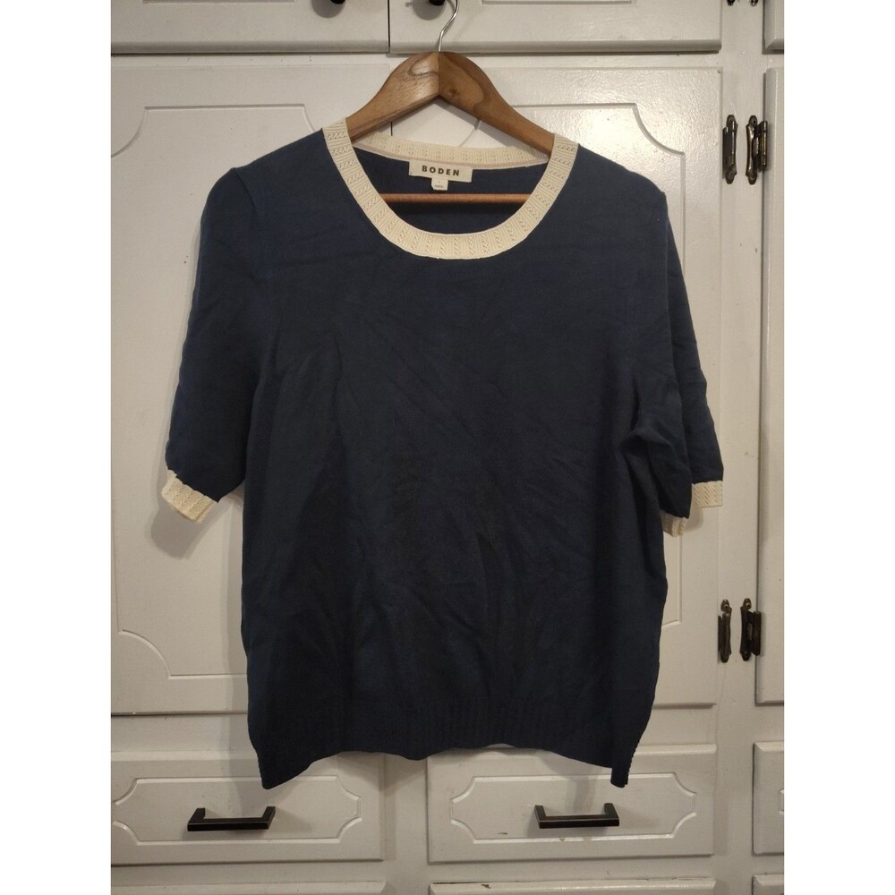 Boden Women's Emilia Short Sleeve Cotton Knit Sweater Shirt Top Navy Size Large